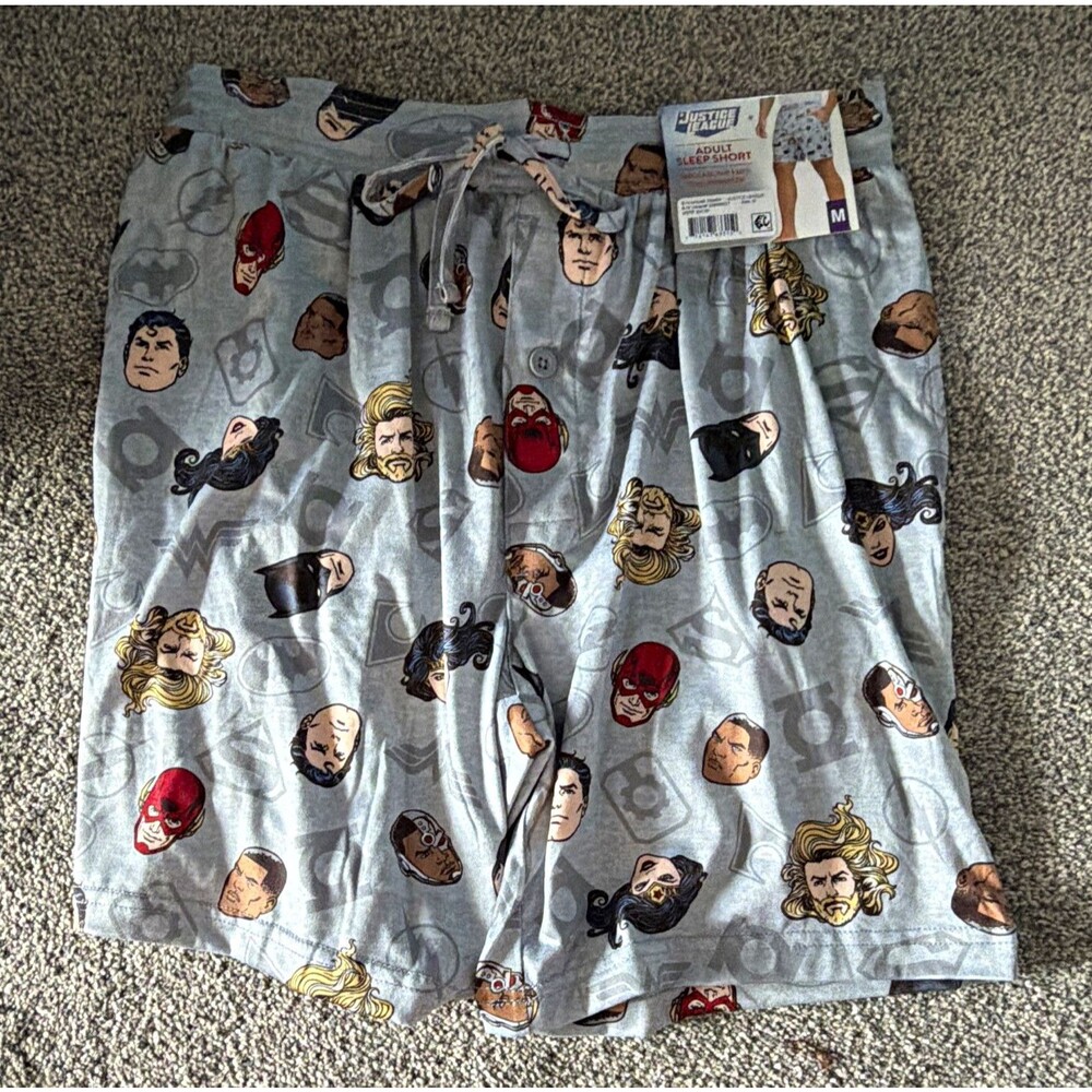 Justice League Men’s Sleep Shorts Gray Graphic Print Drawstring Size M NWT A11